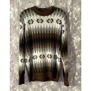 Vintage 60s Campus Sweater  Mens Size Medium Brown Cream Nordic Fair Isle Ski